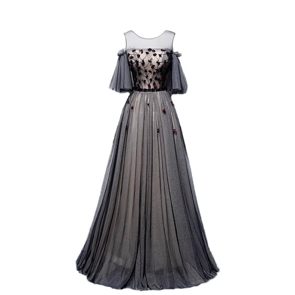 Eleganta Svarta Aftonklänningar 2019 Prinsessa Urringning Beading Kristall Appliqués Korta ärm Halterneck Långa Formella Klänningar
