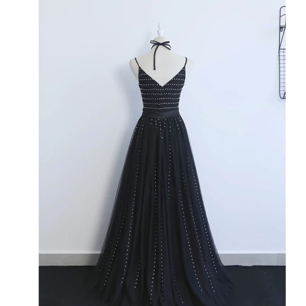 Chic Noire Robe De Soirée 2019 Princesse Titulaire Faux Diamant Sans Manches Dos Nu Longue Robe De Ceremonie