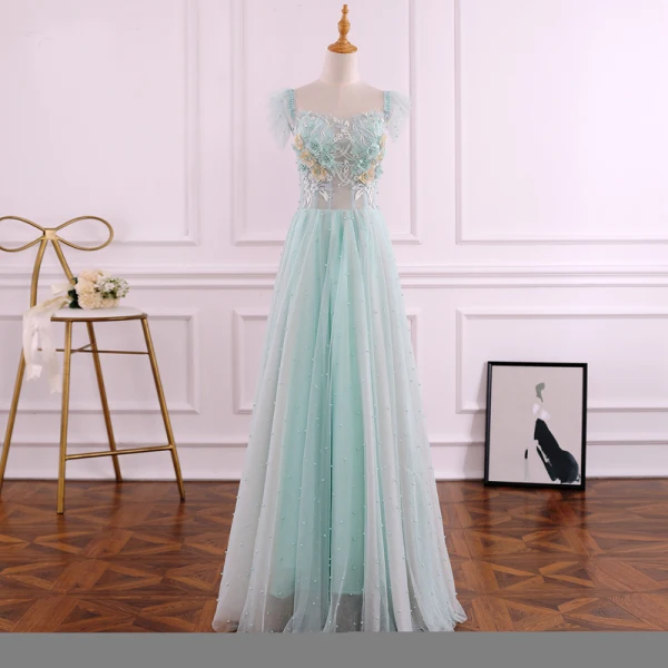 Chic / Beautiful Sage Green Evening Dresses 2019 A-Line / Princess Square Neckline Pearl Sequins Lace Flower Sleeveless Backless Floor-Length / Long Formal Dresses