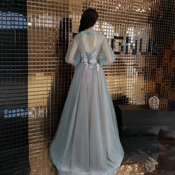 Élégant Vert Cendré Robe De Soirée 2019 Princesse Encolure Dégagée Perlage Perle Faux Diamant En Dentelle Fleur Manches Longues Dos Nu Longue Robe De Ceremonie