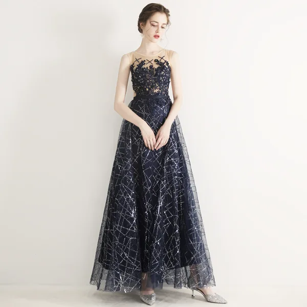 Chic / Belle Bleu Ciel Robe De Soirée 2019 Princesse Encolure Dégagée Perlage En Dentelle Fleur Appliques Faux Diamant Sans Manches Longue Robe De Ceremonie