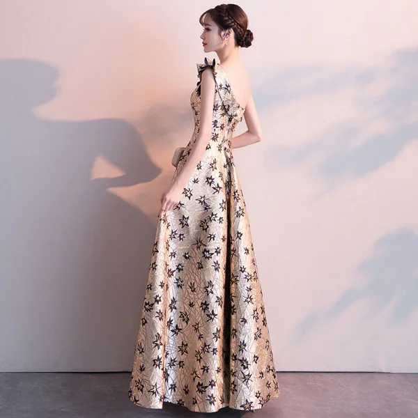 Classy Gold Evening Dresses  2019 A-Line / Princess One-Shoulder Lace Flower Sleeveless Backless Floor-Length / Long Formal Dresses