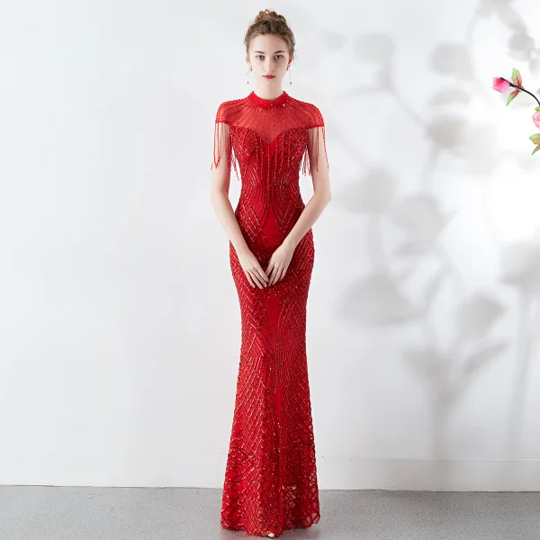 Classy Burgundy Evening Dresses 2019 Trumpet / Mermaid Scoop Neck Beading Tassel Sequins Short Sleeve Floor-Length / Long Formal Dresses