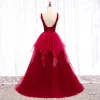 Chic / Beautiful Burgundy Prom Dresses 2019 A-Line / Princess V-Neck Beading Crystal Sleeveless Backless Floor-Length / Long Formal Dresses