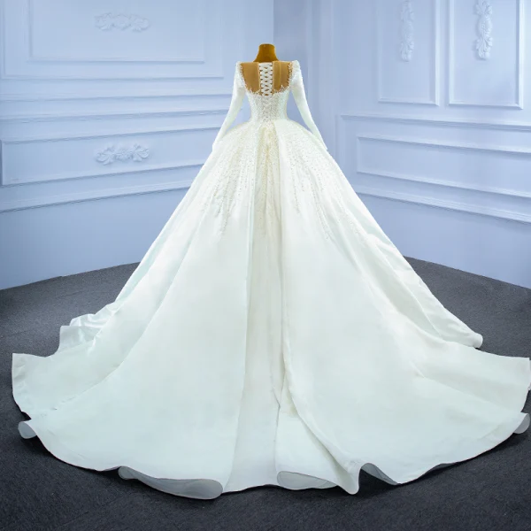 High-end Elegant Ivory Pearl Satin Wedding Dresses 2021 Ball Gown Beading Scoop Neck Long Sleeve Cathedral Train Wedding