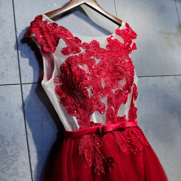 Chic / Belle Bordeaux Robe De Bal 2018 Princesse En Dentelle Appliques Cristal Faux Diamant Paillettes Noeud Encolure Dégagée Dos Nu Sans Manches Longueur Cheville Robe De Ceremonie