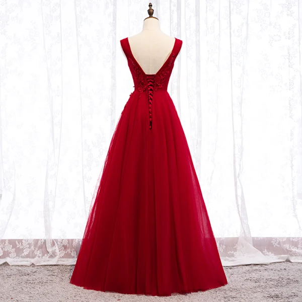 Chic / Belle Bordeaux Robe De Soirée 2019 Princesse V-Cou Perlage Cristal En Dentelle Fleur Sans Manches Dos Nu Longue Robe De Ceremonie