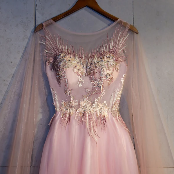 Chic / Belle Rose Bonbon Robe De Soirée 2018 Princesse En Dentelle Appliques Cristal Encolure Dégagée Dos Nu Sans Manches Longue Robe De Ceremonie