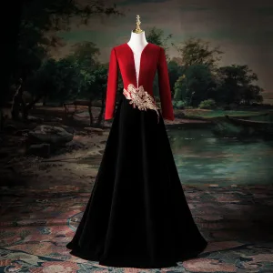 Vintage Originale Rouge Deux Tons Perlage Robe De Bal 2025 Princesse V Cou Manches Longues Dos Nu Longue Promo Robe De Ceremonie