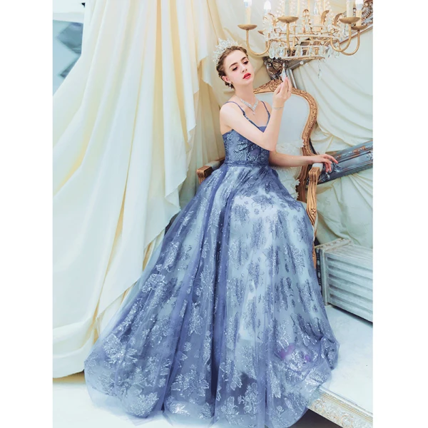 Chic / Beautiful Ocean Blue Evening Dresses 2019 A-Line / Princess Spaghetti Straps Beading Crystal Lace Flower Sleeveless Backless Floor-Length / Long Formal Dresses