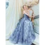 Chic / Beautiful Ocean Blue Evening Dresses  2019 A-Line / Princess Spaghetti Straps Beading Crystal Lace Flower Sleeveless Backless Floor-Length / Long Formal Dresses