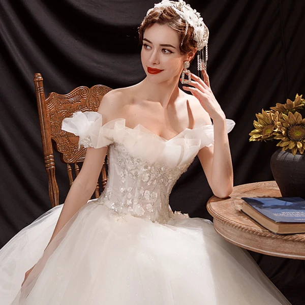 Affordable Ivory Wedding Dresses 2021 Ball Gown Off-The-Shoulder Beading Sequins Sleeveless Backless Floor-Length / Long Wedding