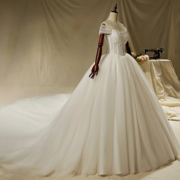 Luxury / Gorgeous Ivory Wedding Dresses 2019 A-Line / Princess Off-The-Shoulder Beading Pearl Lace Flower Short Sleeve Backless Cathedral Train