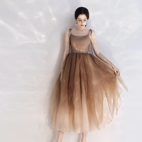 Chic / Belle Marron de retour Robe De Graduation 2019 Princesse Bretelles Spaghetti Noeud Sans Manches Dos Nu Longueur Cheville Robe De Ceremonie
