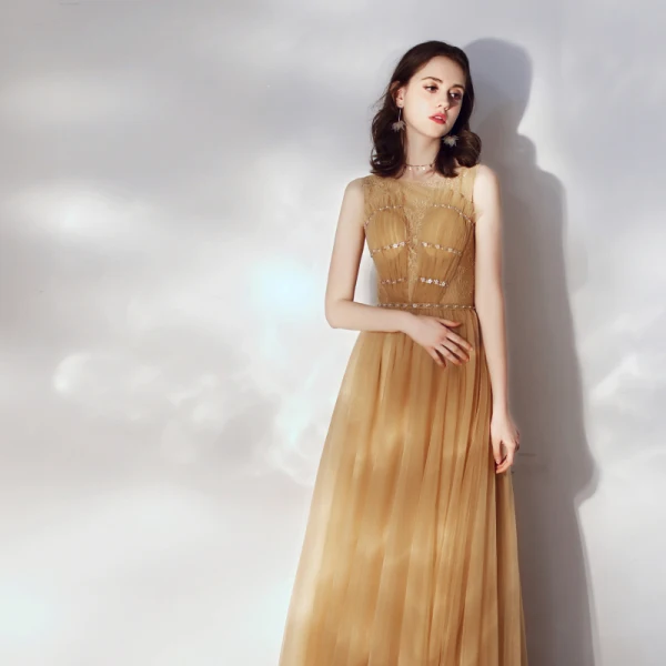 Classy Gold Evening Dresses  2019 A-Line / Princess Ruffle Scoop Neck Beading Lace Flower Appliques Sleeveless Floor-Length / Long Formal Dresses