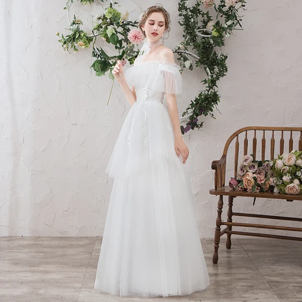 Light White Beach Wedding Dresses 2019 A-Line / Princess Off-The-Shoulder Pearl Lace Flower Appliques Short Sleeve Backless Floor-Length / Long