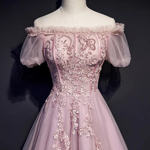 Style Victorien Rougissant Rose Robe De Soirée 2019 Princesse Volants De l'épaule Perlage En Dentelle Fleur Manches Courtes Dos Nu Longue Robe De Ceremonie