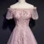 Style Victorien Rougissant Rose Robe De Soirée 2019 Princesse Volants De l'épaule Perlage En Dentelle Fleur Manches Courtes Dos Nu Longue Robe De Ceremonie