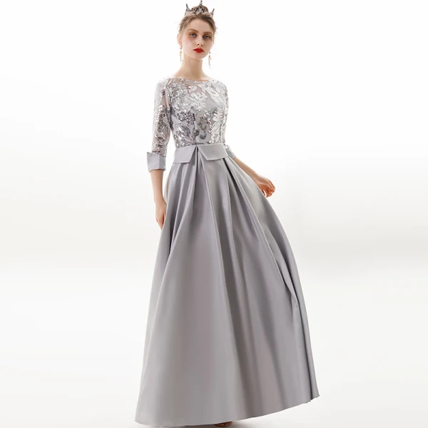 Modern / Fashion Silver Evening Dresses  2019 A-Line / Princess Scoop Neck Sequins 3/4 Sleeve Backless Floor-Length / Long Formal Dresses