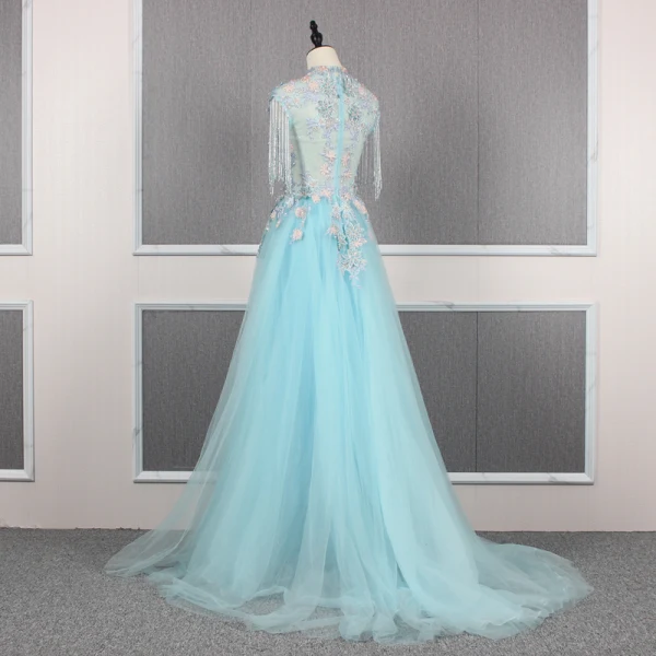 High End Blau Handgefertigt Perlenstickerei Abendkleider 2019 A Linie Eckiger Ausschnitt Kristall Quaste Perle Strass Pailletten Spitze Blumen Applikationen Ärmellos Sweep / Pinsel Zug Festliche Kleider