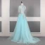 High End Blau Handgefertigt Perlenstickerei Abendkleider 2019 A Linie Eckiger Ausschnitt Kristall Quaste Perle Strass Pailletten Spitze Blumen Applikationen Ärmellos Sweep / Pinsel Zug Festliche Kleider