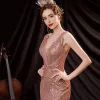Sparkly Sexy Rose Gold Sequins Evening Dresses  2021 Trumpet / Mermaid V-Neck Sleeveless Backless Floor-Length / Long Formal Dresses