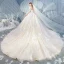 Chic / Belle Champagne Robe De Mariée 2019 Princesse Encolure Dégagée Perlage Gland Perle En Dentelle Fleur Appliques Faux Diamant 1/2 Manches Dos Nu Cathedral Train