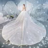Charming White Wedding Dresses 2019 Ball Gown High Neck Beading Sequins Lace Flower Sleeveless Backless Royal Train