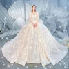 Luxury / Gorgeous Champagne Wedding Dresses 2019 Ball Gown V-Neck Beading Sequins Lace Flower Bell sleeves Backless Royal Train