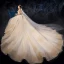 High-end Champagne Wedding Dresses 2019 A-Line / Princess Spaghetti Straps Ruffle Beading Sequins Lace Flower Sleeveless Backless Chapel Train