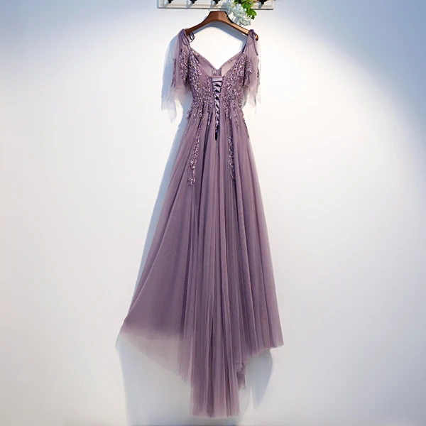 Chic / Beautiful Grape Evening Dresses  2019 A-Line / Princess Spaghetti Straps Beading Crystal Lace Flower Short Sleeve Backless Asymmetrical Formal Dresses