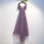 Chic / Beautiful Grape Evening Dresses  2019 A-Line / Princess Spaghetti Straps Beading Crystal Lace Flower Short Sleeve Backless Asymmetrical Formal Dresses