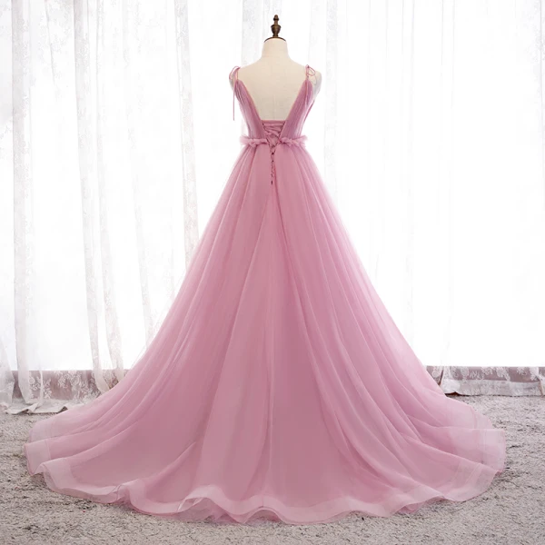 Schöne Pink Abendkleider A Linie 2019 Rüschen Spaghettiträger Schleife Ärmellos Rückenfreies Hof-Schleppe Festliche Kleider