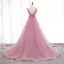 Schöne Pink Abendkleider A Linie 2019 Rüschen Spaghettiträger Schleife Ärmellos Rückenfreies Hof-Schleppe Festliche Kleider
