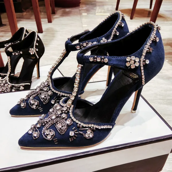 Chic / Beautiful Yellow Evening Party Womens Shoes 2019 Crystal Rhinestone Suede T-Strap 10 cm Stiletto Heels Pointed Toe High Heels