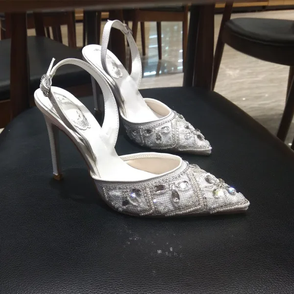 Charmant Ivoire Chaussure De Mariée 2019 Polyester Bride Cheville Perlage Faux Diamant Perle 9 cm Talons Aiguilles À Bout Pointu Mariage Talons Hauts