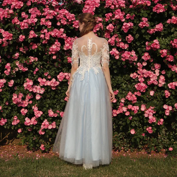 Chic / Beautiful Sky Blue Prom Dresses 2018 A-Line / Princess Appliques Scoop Neck 1/2 Sleeves Floor-Length / Long Formal Dresses
