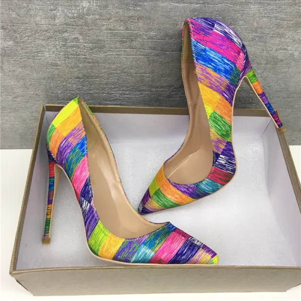 Unique Freizeit Multifarben Farbblock Gekritzel Pumps 2019 Leder 12 cm Stilettos Spitzschuh Pumps