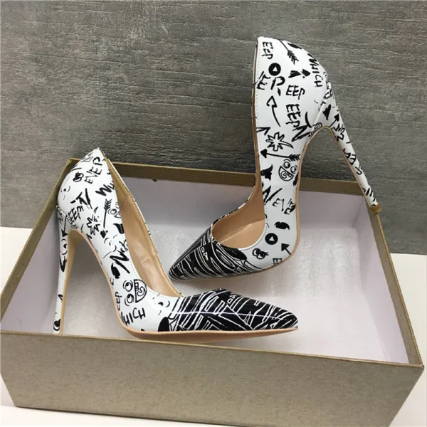 Mote Hvit Svart Doodle Aften Pumps 2019 Lær 12 cm Stiletthæler Spisse Pumps