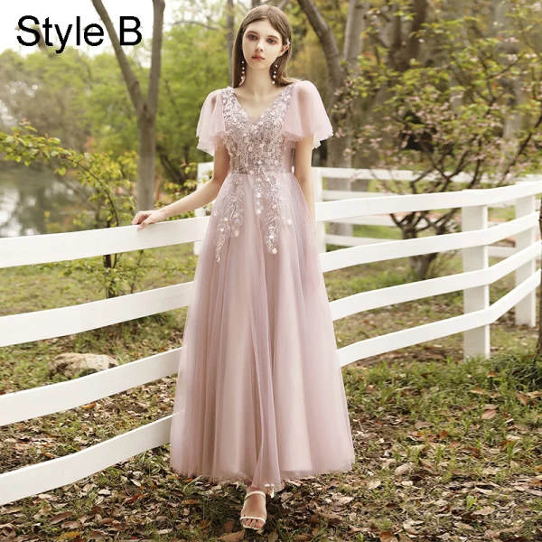Mode Rougissant Rose Robe Demoiselle D'honneur 2021 Princesse Encolure Dégagée En Dentelle Fleur Appliques Manches Courtes Dos Nu Longue Robe Pour Mariage