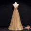 Chic / Beautiful Gold Evening Dresses  2019 A-Line / Princess V-Neck Beading Pearl Crystal Sequins Lace Flower Sleeveless Backless Floor-Length / Long Formal Dresses