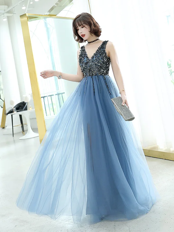 Charming Ocean Blue Evening Dresses 2019 A-Line / Princess V-Neck Beading Crystal Sleeveless Backless Floor-Length / Long Formal Dresses