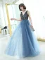 Charming Ocean Blue Evening Dresses  2019 A-Line / Princess V-Neck Beading Crystal Sleeveless Backless Floor-Length / Long Formal Dresses