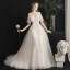 Légère Champagne Robe De Mariée 2019 Princesse Col Haut Perlage Cristal En Dentelle Fleur Manches Courtes Dos Nu Train De Balayage