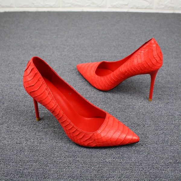 Schöne Rot Abend Pumps 2019 Leder Schlangenhautmuster 9 cm Stilettos Spitzschuh Pumps