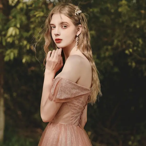 Fashion Glitter Orange Prom Dresses 2021 A-Line / Princess Off-The-Shoulder Short Sleeve Backless Floor-Length / Long Formal Dresses