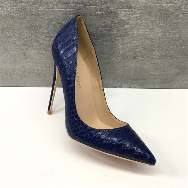Classy Royal Blue Casual Pumps 2019 Leather Snakeskin Print 12 cm Stiletto Heels Pointed Toe Pumps
