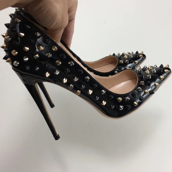 Unique Noire Soirée Escarpins 2019 Rivet 12 cm Talons Aiguilles À Bout Pointu Escarpins