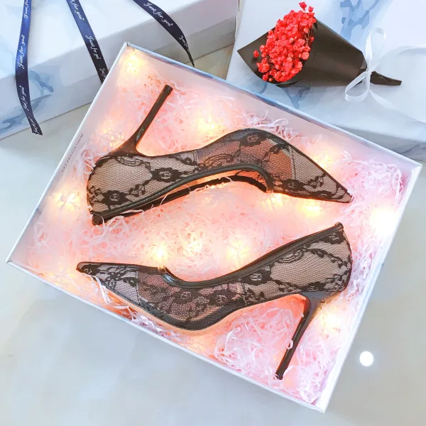 Mooie / Prachtige Zwarte Avond Pumps 2019 Kant 10 cm Naaldhakken / Stiletto Spitse Neus Pumps