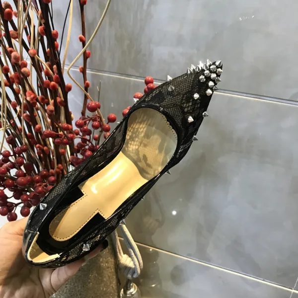 Sexy Noire Soirée Escarpins 2019 En Dentelle Rivet 10 cm / 4 inch Talons Aiguilles À Bout Pointu Escarpins